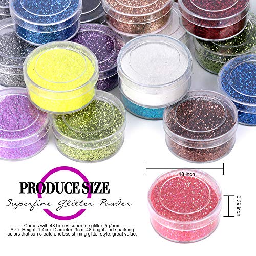 48 Colors Nail Glitter Set, FANDAMEI 48 Boxes 5g Nail Art Glitter, Fine Glitter Powder for Eyeshadow, Cosmetic, Arts, Crafts, Decoration. Body Glitter, Face Glitter for Festival, Makeup, Halloween