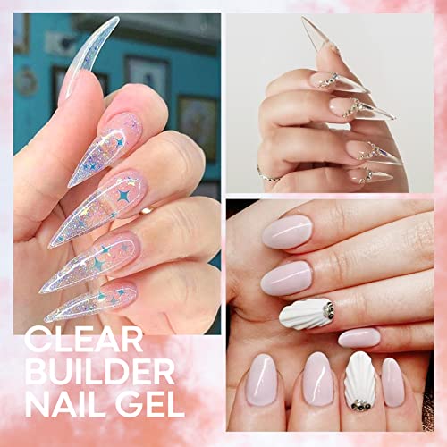 Modelones Builder Nail Gel - 2oz Clear Hard Gel for Nails, Nail Extension Gel Nail Kit Acrylic Gel Nail Strengthen Gel Nail Art Manicure Set with 100PCS Nail Forms and Dual-use Acrylic Nail Brush Professional DIY at Home