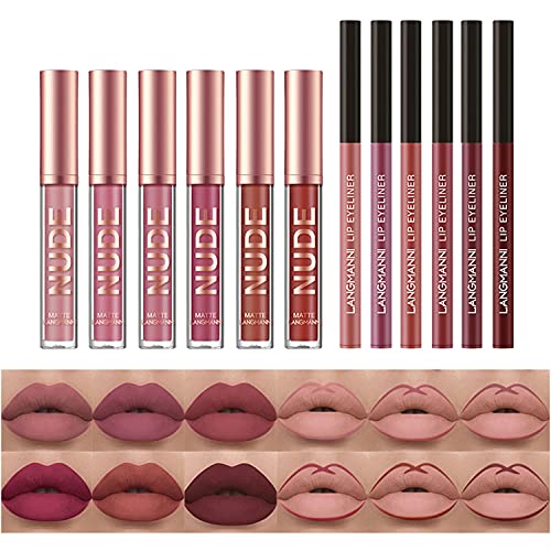 BestLand 12Pcs Matte Liquid Lipstick + Lip Liner Pens Set, One Step Lips Makeup Kits Pigment Velvety Nude Lip Stain Waterproof Long Wear Lip Gloss Make up Gift Set (Set A)