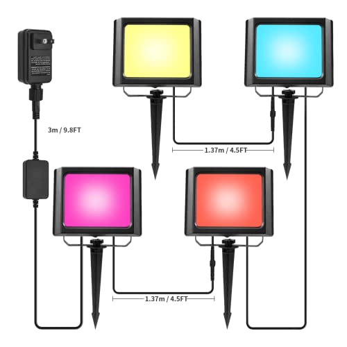 Outdoor RGB Flood LED Lights - IP66 Waterproof Colored Changing Spotlight Bluetooth Halloween Strobe Lights with Plug ＆ Dimmable Color Smart Outside Floodlights for Christmas Party Garden 丨 4 Pack