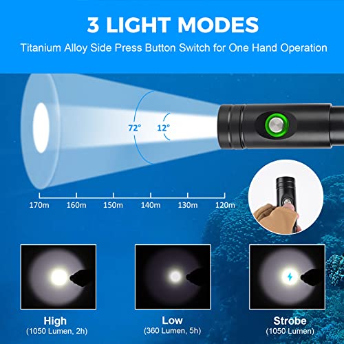 Odepro WD12 Scuba Diving Light 1050 Lumen Super Bright Compact Dive Lights with 3 Modes, IP68 Waterproof Submarine LED Flashlight with Battery Indicator, for 150m Underwater Diving, Fishing, Camping