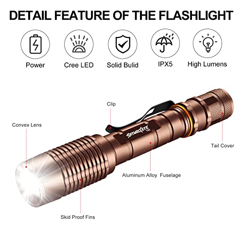 Skywolfeye Led Flashlight 2 Pack Super Bright Flashlights Rechargeable High Lumens Torch 5 Modes Zoomable Waterproof for Camping Kids Adults Outdoor Hiking Emergency (Brown)