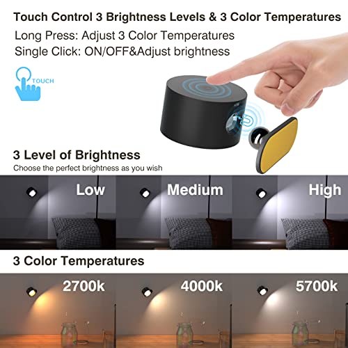 Koopala LED Wall Sconces, Wall Mounted Lamps with Rechargeable Battery Operated 3 Color Temperatures & 3 Brightness Levels 360°Rotate Magnetic Ball, Cordless Wall Lights for Study Reading Bedside