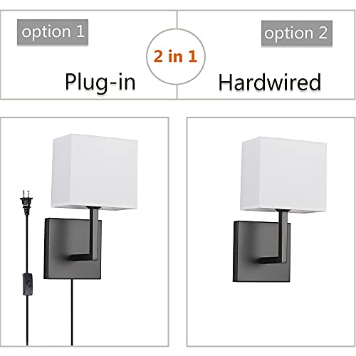 Plug in Wall Sconce Set of 2, Indoor Bedside Wall Lamp Light with Plug-in Cord and On Off Toggle Switch, Vintage Industrial Nightstand Lamps with White Fabric Square Lamp Shade for Living Room, Black