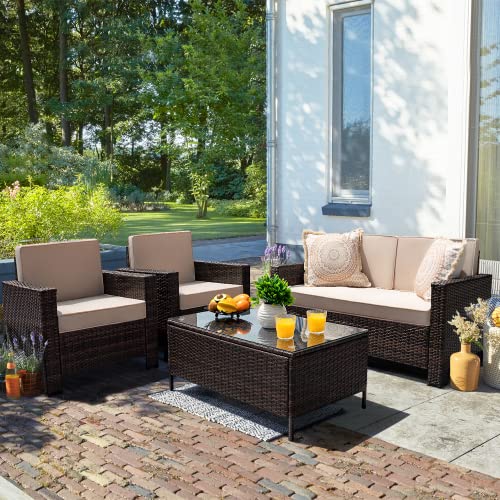 Homall 4 Pieces Patio Furniture Sets Rattan Chair Wicker Conversation Sofa Set, Outdoor Indoor Backyard Porch Garden Poolside Balcony Use (Beige)