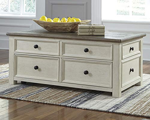 Signature Design by Ashley Bolanburg Farmhouse Lift Top Coffee Table with Drawers, Antique Cream & Brown