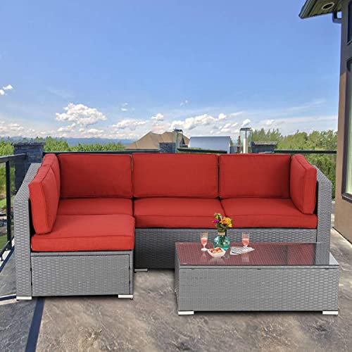 SOLAURA 5-Piece Outdoor Patio Furniture Set, Grey Wicker Furniture Modular Sectional Sofa Set with YKK Zipper &Coffee Table- Red