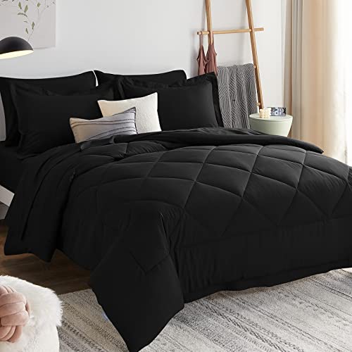 CozyLux Queen Comforter Set with Sheets 7 Pieces Bed in a Bag Black All Season Bedding Sets with Comforter, Pillow Shams, Flat Sheet, Fitted Sheet and Pillowcases