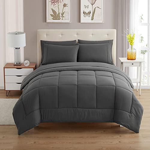 Sweet Home Collection 5 Piece Comforter Set Bag Solid Color All Season Soft Down Alternative Blanket & Luxurious Microfiber Bed Sheets, Gray, Twin