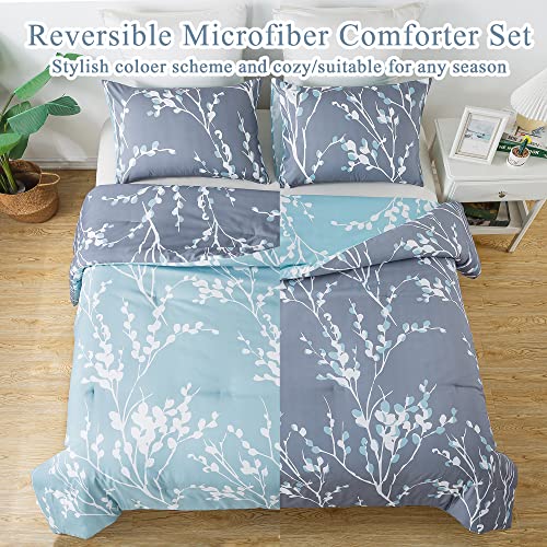 Andency Blue Grey Branches Comforter Set Full Size (79x90 Inch) - Reversible Flower Plum Blossom Bed Set 3 Pieces Bed in a Bag Soft Lightweight Microfiber Comforter Bedding Set