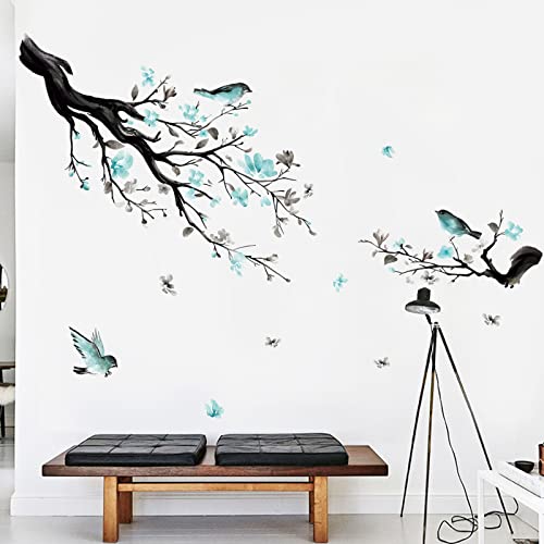 decalmile Watercolor Blue Flower Wall Decals Blossom Bird Tree Branch Wall Stickers Living Room Sofa TV Background Wall Decor